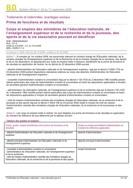 Bulletin officiel nÂ° 34 du 17 septembre 2009 Sommaire - les BOEN ...