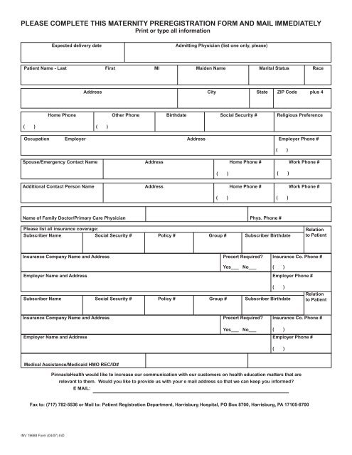 Maternity Pre-admission Form - Pregnancy & Childbirth Home