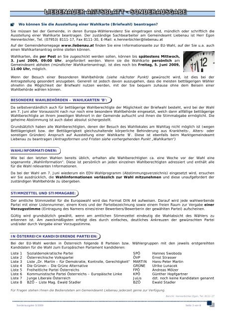 Informationsblatt zur Europawahl am 7. Juni 2009 - Liebenau