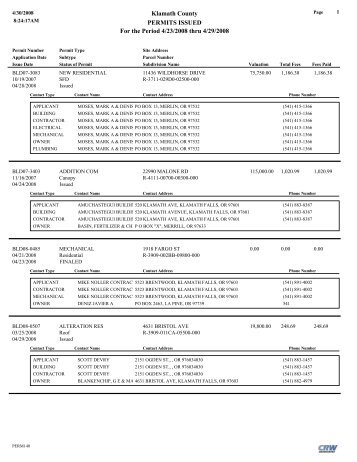 Klamath County PERMITS ISSUED For the Period 4/23/2008 thru 4 ...