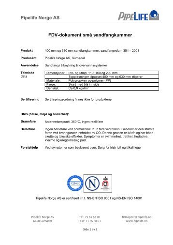Pipelife Norge AS FDV-dokument smÃ¥ sandfangkummer - Atea