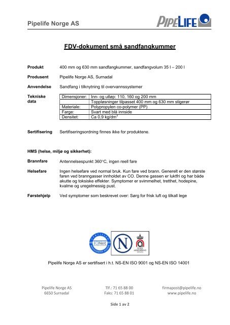 Pipelife Norge AS FDV-dokument smÃ¥ sandfangkummer - Atea