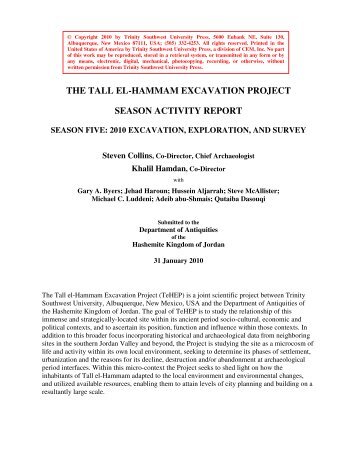 season activity report, 2010 - Tall el-Hammam Excavation Project ...