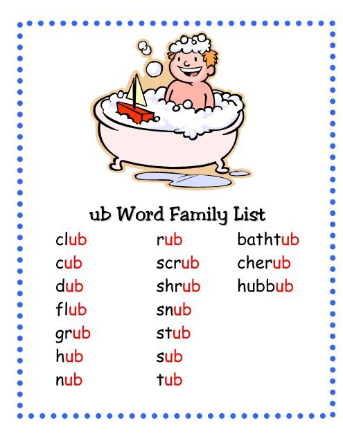 ub Word Family List - Little Book Lane