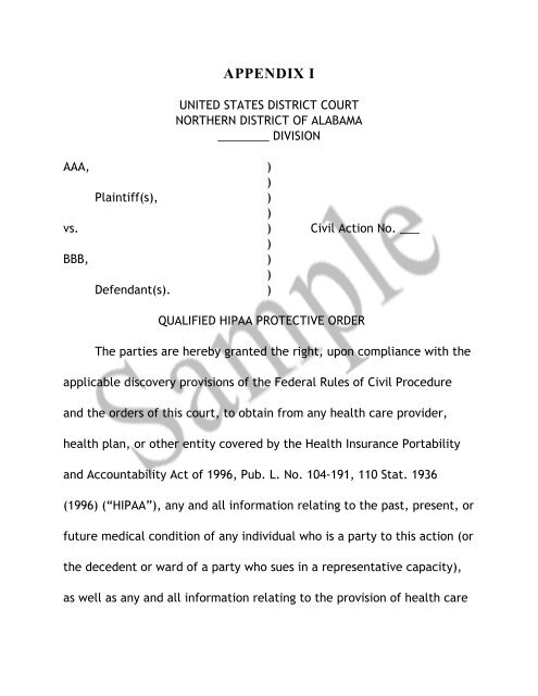 Sample Appendix I - HIPAA Order - Northern District of Alabama