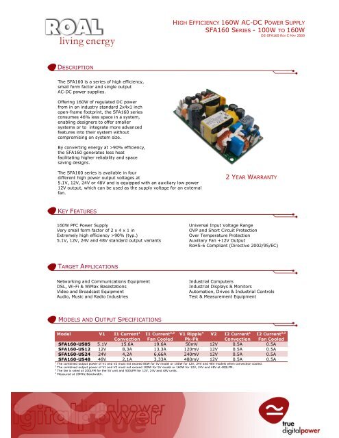 high efficiency 160w ac-dc power supply sfa160 series - 100w to 160w