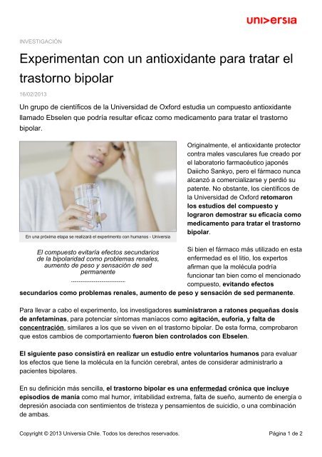 Experimentan con un antioxidante para tratar el trastorno bipolar