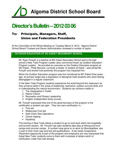 Director's Bulletin March 6, 2012 - Algoma District School Board