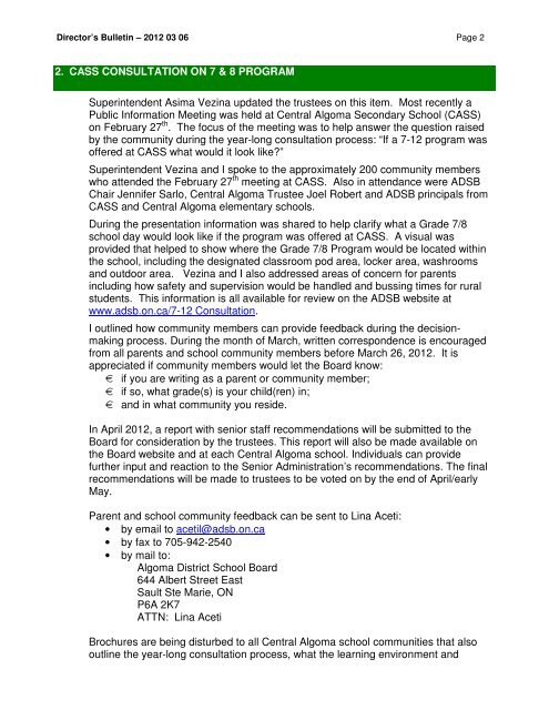 Director's Bulletin March 6, 2012 - Algoma District School Board
