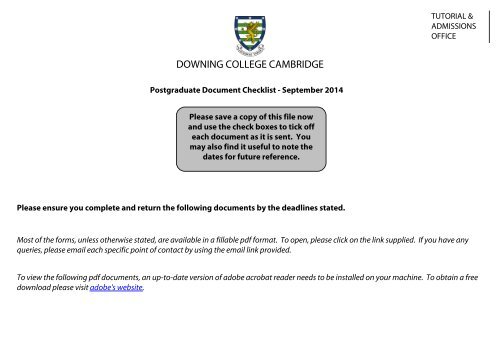 September checklist - Downing College - University of Cambridge