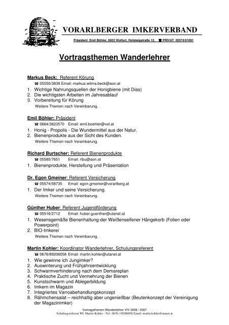 VORARLBERGER IMKERVERBAND Vortragsthemen Wanderlehrer