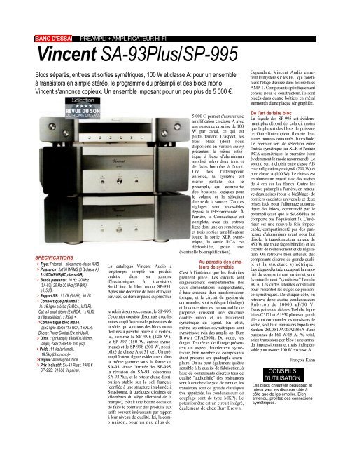 Test banc d'essai du bloc mono Vincent SP-995 dans la revue ...