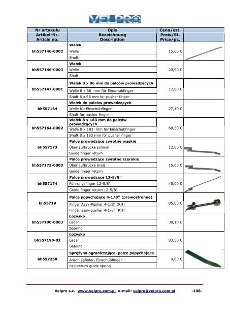 KATALOG 2011 Części do maszyny Bell & Howell