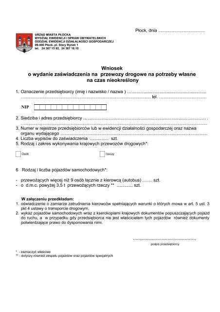 Wniosek o wydanie zaÃ…Â›wiadczenia na przewozy drogowe na ... - PÃ…Â‚ock