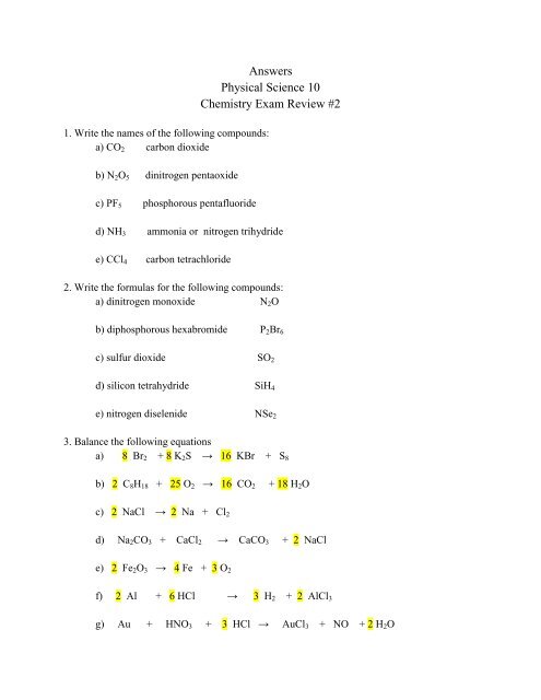 Answers Physical Science 10 Chemistry Exam Review #2