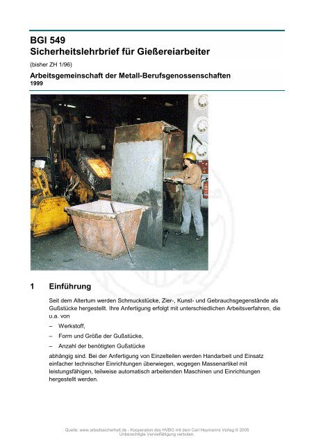 BGI 549 Sicherheitslehrbrief für Gießereiarbeiter