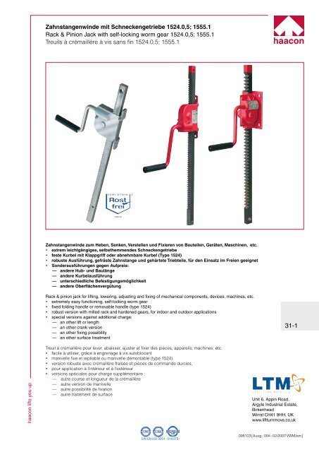 Zahnstangenwinde mit Schneckengetriebe 1524.0,5 ... - Lift Turn Move