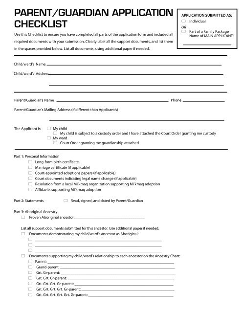 PARENT GUARDIAN APPLICATION CHECKLIST