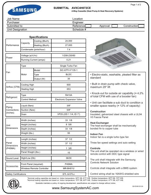 AVXC4H072CE Submittal pdf - Samsung System AC