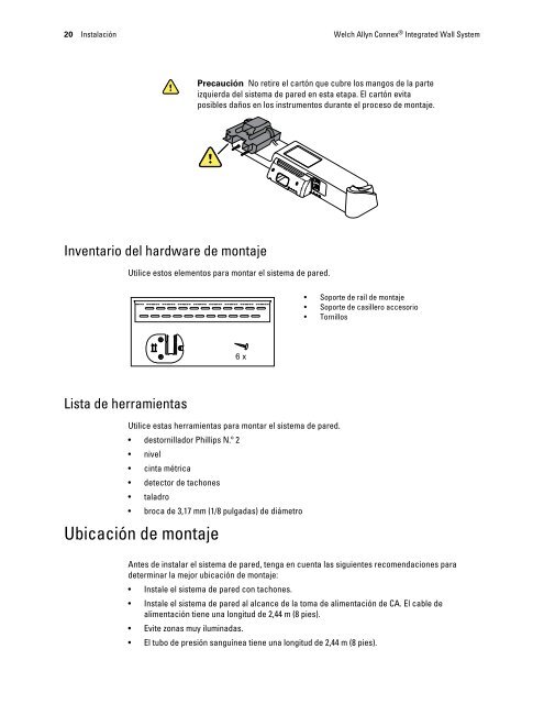 Instrucciones de uso, Welch Allyn ConnexÃ‚Â® Integrated Wall System