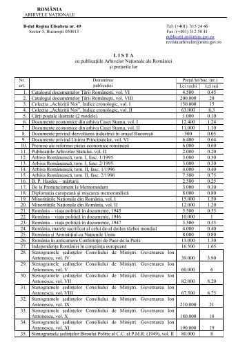 L I S T A cu publicaÅ£iile Arhivelor NaÅ£ionale ale RomÃ¢niei Åi preÅ£urile ...