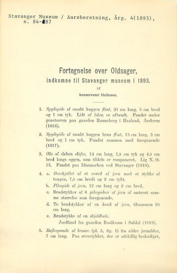 Fortegnelse over oldsager, indkomne til Stavanger Museum i 1893