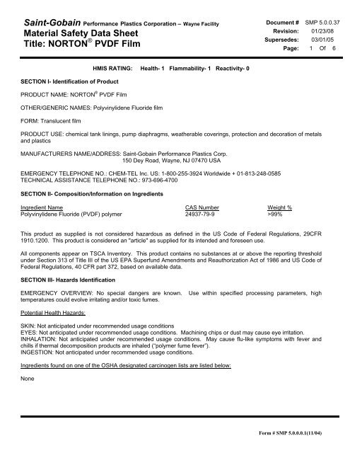 MSDS, Norton PVDF Film, Saint-Gobain ... - NORTONÂ® Films