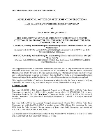 OID Notes -Supplemental Notice of Settlement Instructions