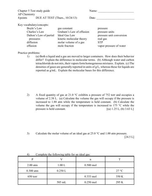 Chapter 5 Test study guide Name: AP Chemistry 4 points DUE AT ...