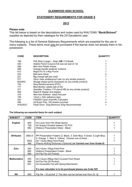 Stationery list grade 9 2013(1).pdf - Glenwood High School