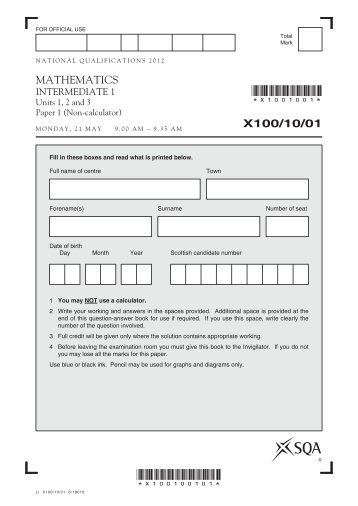 SQA Int 1 2012 - Mathematics