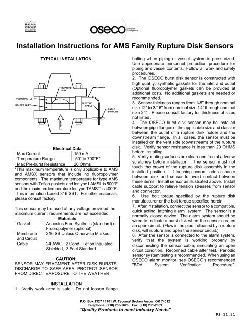 Installation Instructions for AMS Family Rupture Disk Sensors - Oseco