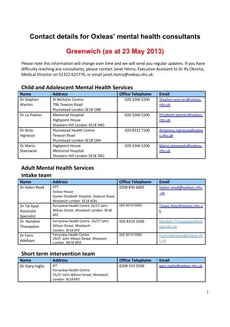 Contact details for Oxleas' mental health consultants Greenwich (as ...