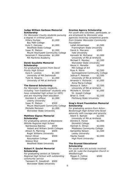 Scholarship booklet 2011 - Greater Worcester Community Foundation