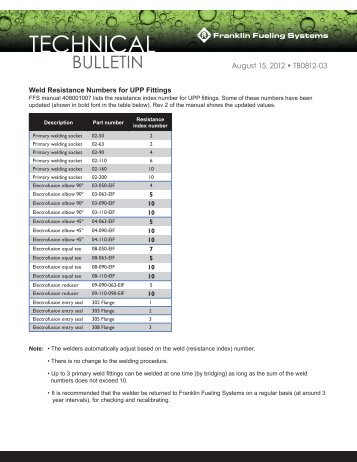 Weld Resistance Numbers for UPP Fittings - Franklin Fueling Systems