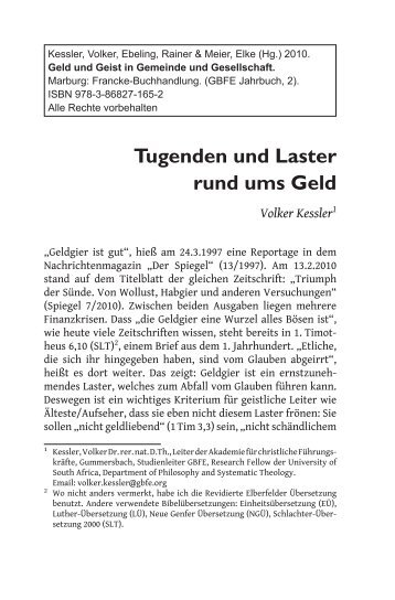 Kessler, Volker â Tugenden und Laster rund ums Geld - GBFE