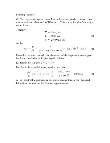 Sverdrup Balance (1) The large-scale, upper ocean flow in the ...