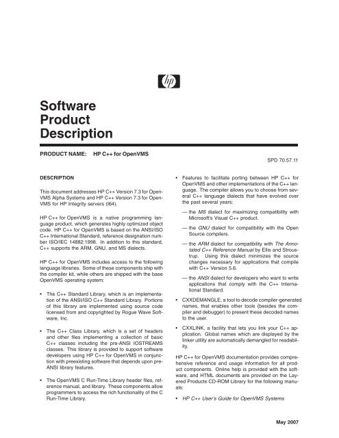 C++ Software Product Description - OpenVMS Systems - HP