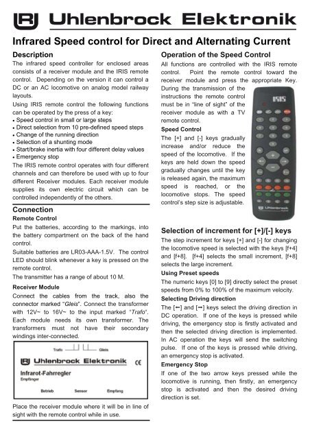 Infrared Speed control for Direct and Alternating Current - Uhlenbrock