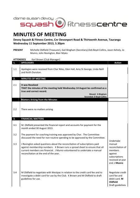 MINUTES OF MEETING - Devoy Squash & Fitness Centre