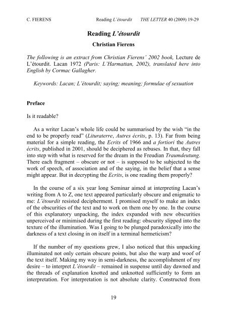 Reading L'étourdit - Lacan in Ireland