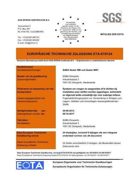 EUROPÃISCHE TECHNISCHE ZULASSUNG ETA-07/0124 - Saba