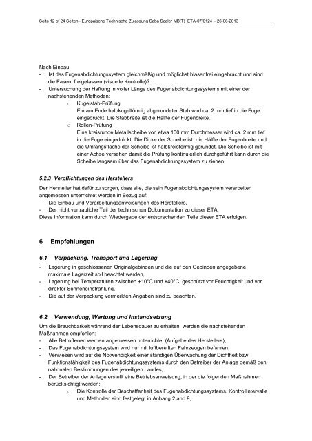 EUROPÃISCHE TECHNISCHE ZULASSUNG ETA-07/0124 - Saba