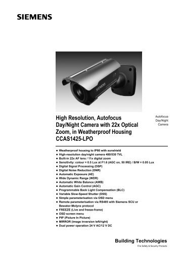Siemens CCAS1425-LPO CCTV cameras product datasheet