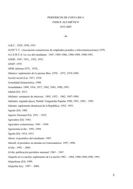 3 PERIÃDICOS DE COSTA RICA INDICE ALFABÃTICO ... - Sinabi