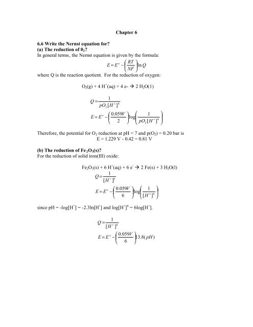 Chapter 6 6.6 Write the Nernst equation for? - Valdosta State ...