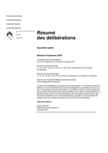 Résumé des délibérations automne 2010, 2 - Schweizer Parlament