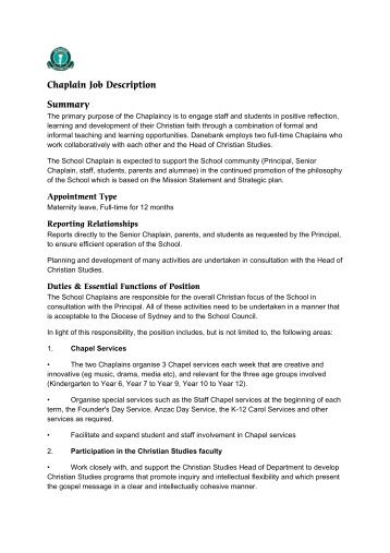 Chaplain Job Description Summary - DANEBANK Anglican School ...