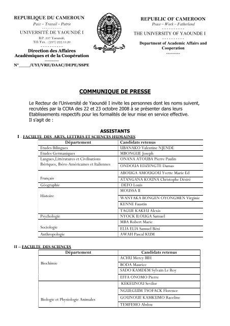 la liste - Université de Yaoundé I
