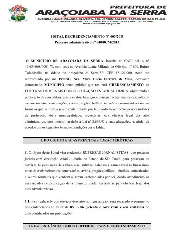EDITAL DE CREDENCIAMENTO NÂº ___/2013 - Aracoiaba.sp.gov.br
